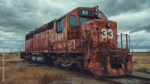 Rusty locomotive parked on railroad tracks under a stormy sky.