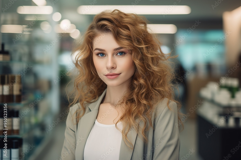 A woman with curly hair is standing in a store A woman with curly hair is standing in a store