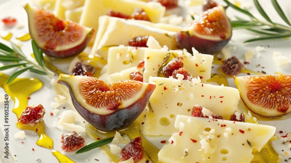 A plate of figs and cheese with a sprig of rosemary in focus A plate of figs and cheese with a sprig of rosemary in focus