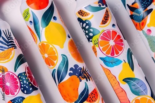 Close-up of fruit-themed beverage packaging with vivid designs