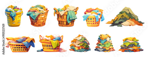Cartoon dirty laundry set. Basket with messy clothes and piles with stains, towels t-shirts and pants heaps vector illustration