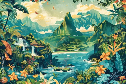 Tropical paradise with waterfalls and lush vegetation