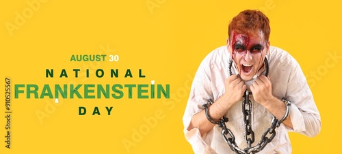 Banner for National Frankenstein Day with young man dressed for horror party and with chains photo