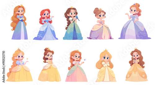 Cartoon girl princess set. Beautiful fairytale royale female characters in costume dresses with crown tiara vector illustration