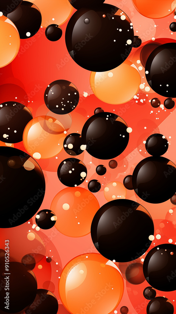Fototapeta premium Black Soap Bubbles on Red Background, Abstract Image, Texture, Pattern, Wallpaper, Cover and Screen of Smartphone, Cell Phone, Computer, Laptop, 9:16 and 16:9 Format