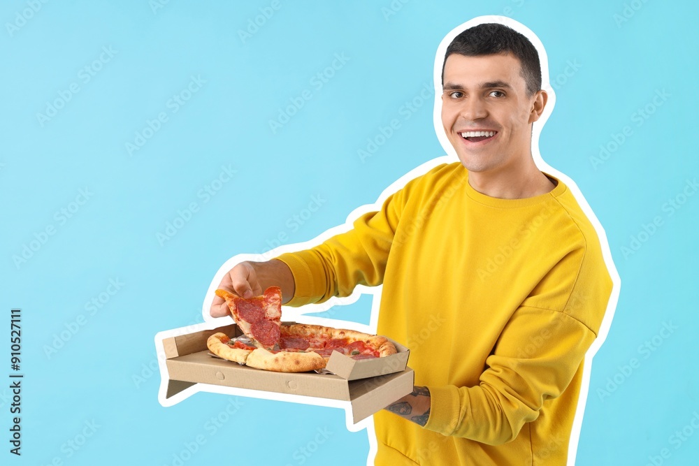 Young man with tasty pepperoni pizza on blue background Young man with tasty pepperoni pizza on blue background