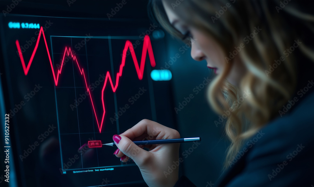Businesswoman analyzing falling stock market graph . Financial crisis and stock market crash concept for design and print Businesswoman analyzing falling stock market graph . Financial crisis and stock market crash concept for design and print