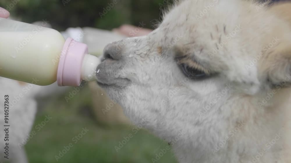Baby alpaca drinks milk.