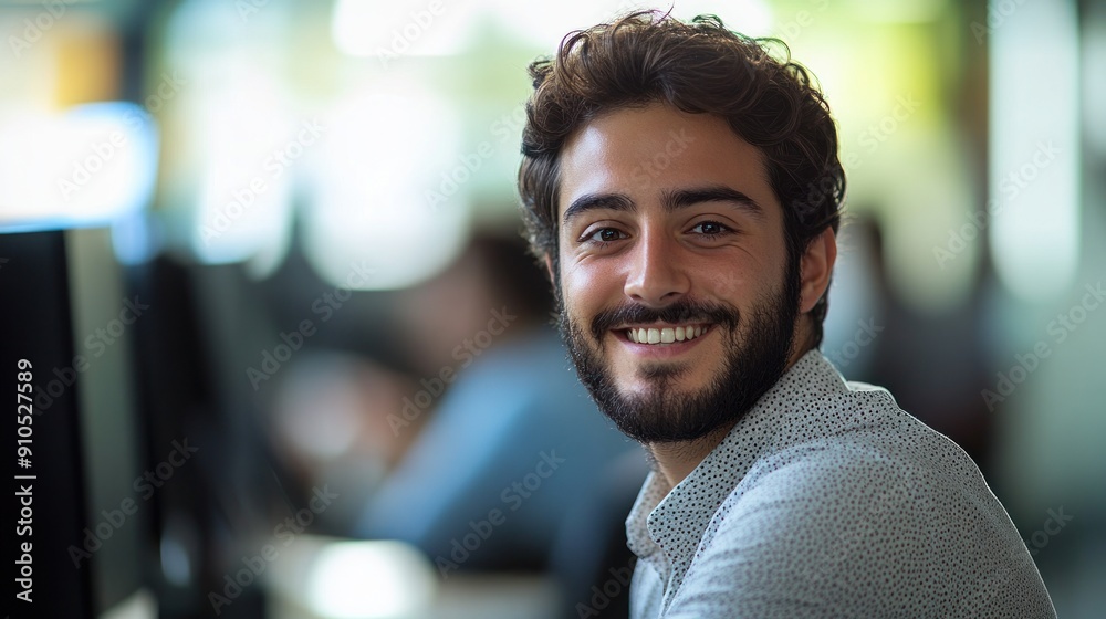 Fototapeta premium A young man smiles confidently while working at his desk in a vibrant office environment