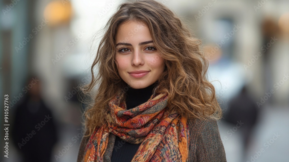 A young woman smiles warmly while walking outdoors on a beautiful autumn day A young woman smiles warmly while walking outdoors on a beautiful autumn day