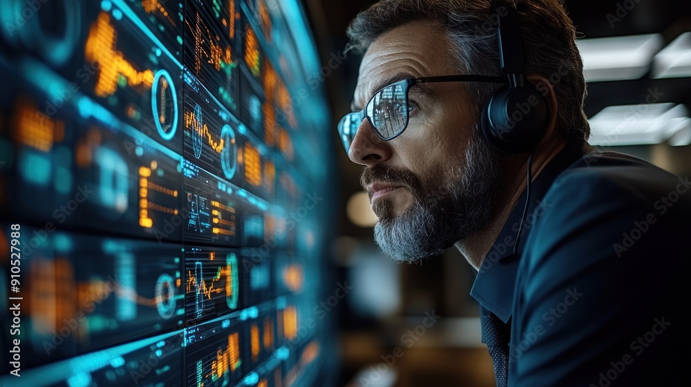 A serious analyst studies complex data visualizations in a contemporary office environment A serious analyst studies complex data visualizations in a contemporary office environment