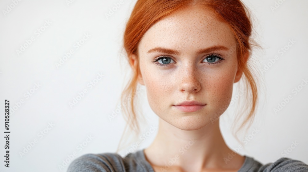 A young woman with striking features poses confidently against a simple backdrop A young woman with striking features poses confidently against a simple backdrop