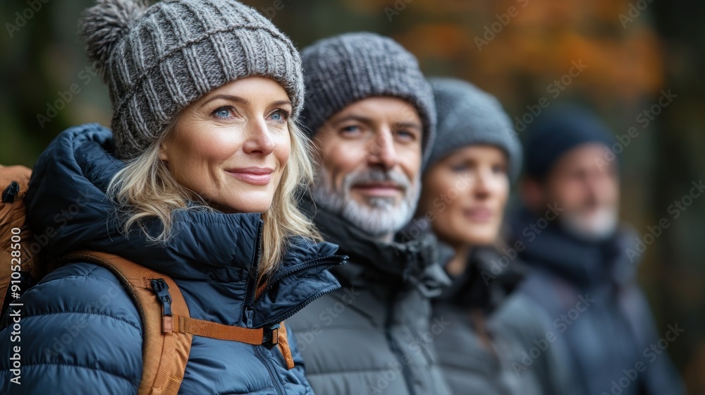 Four friends wearing warm clothing smile while hiking through autumn foliage in the mountains Four friends wearing warm clothing smile while hiking through autumn foliage in the mountains