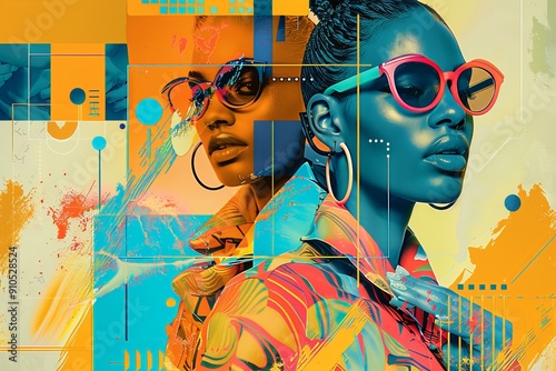 Vibrant portrait showcasing stylish sunglasses and geometric patterns