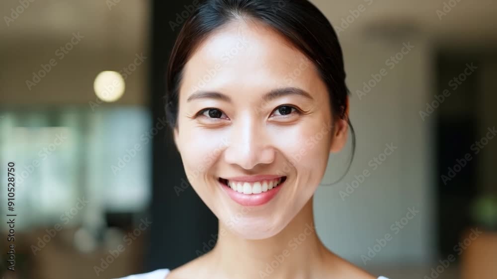 This young Asian woman smiles joyfully in a bright office setting, radiating positivity and energy This young Asian woman smiles joyfully in a bright office setting, radiating positivity and energy