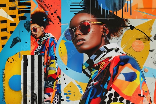 Stylish advertisement with model in colorful attire and graphic design elements