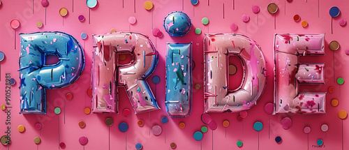 Colorful Balloons Spelling Pride, LGBTQ Symbol, Pink Background photo