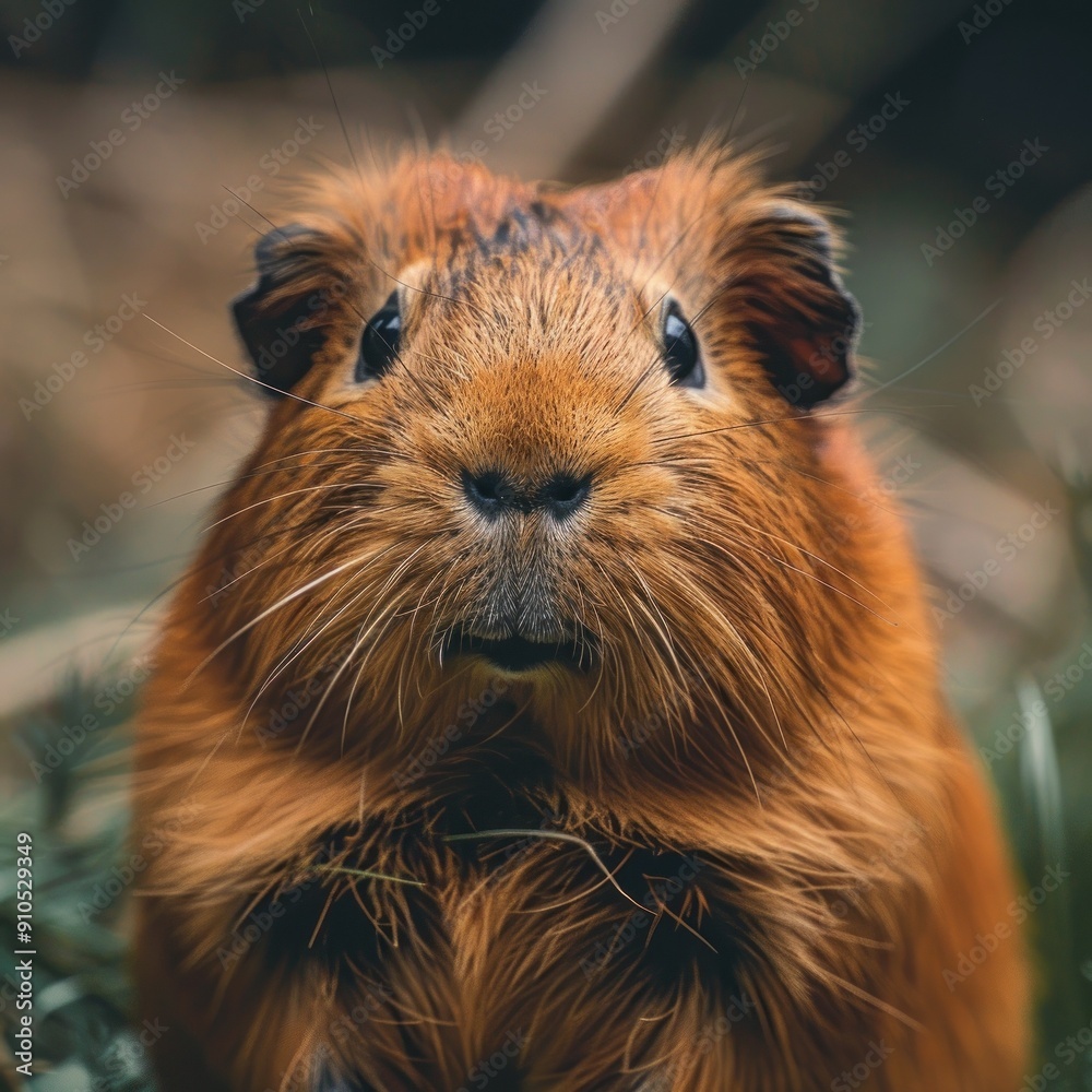 Cavy closeup, fluffy guinea pig, cute pet with brown fur, animal portrait, focus on face, nature background, copy space concept