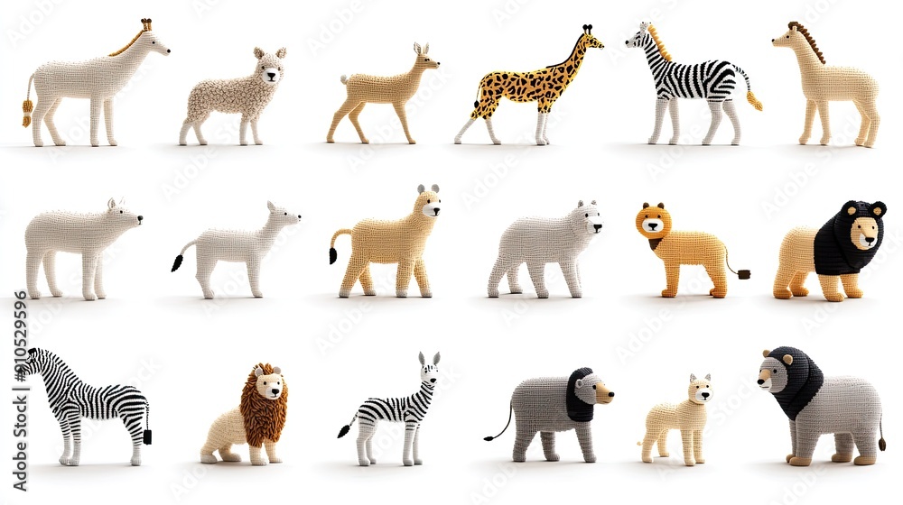 Obraz premium A delightful array of knitted animal toys features various adorable designs, arranged creatively on a soft, neutral-colored surface