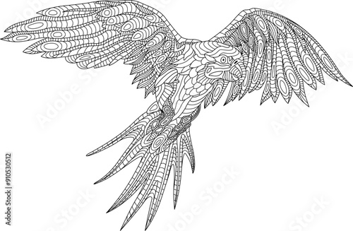 Beautiful coloring book page with parrot on white background