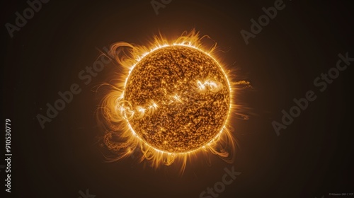 Highly detailed solar flare close-up of Sun's surface with fiery coronal loops and magnetic activity photo