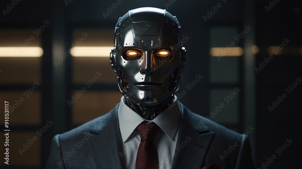 A metallic robot with glowing eyes is wearing a business suit and a tie. A metallic robot with glowing eyes is wearing a business suit and a tie.