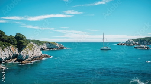 Peaceful beach landscape showing a sailboat tucked between rocky shores under a clear sky 