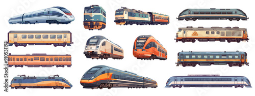 Cartoon modern high-speed train set. Subway or metro electric vehicle, underground railway fast passenger transport vector illustration