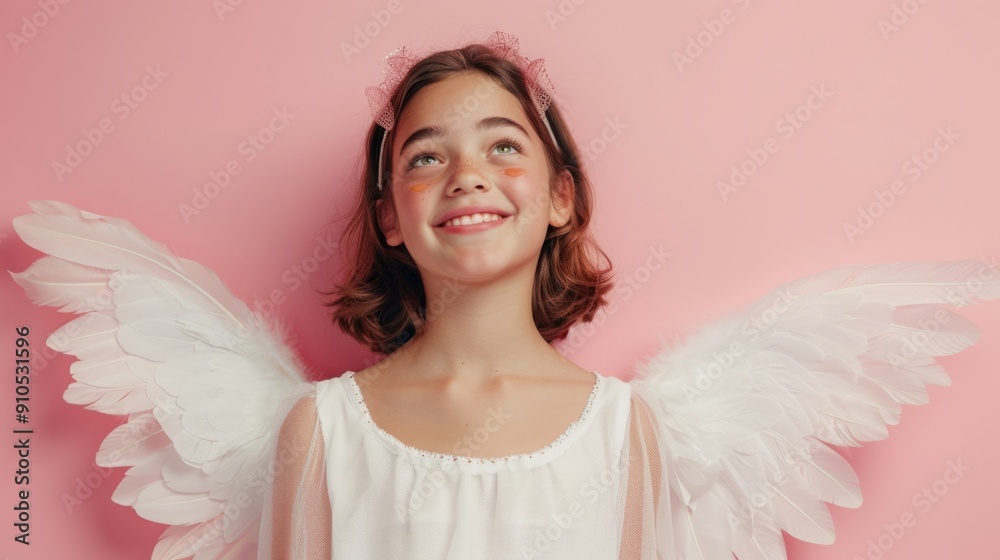 Smiling girl in angel costume on pink background with white feather wings. Banner, copy space. Halloween theme Smiling girl in angel costume on pink background with white feather wings. Banner, copy space. Halloween theme