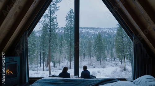 A couple relaxes under warm blankets, gazing out at a snowy forest landscape from their stylish wooden cabin on a winter day