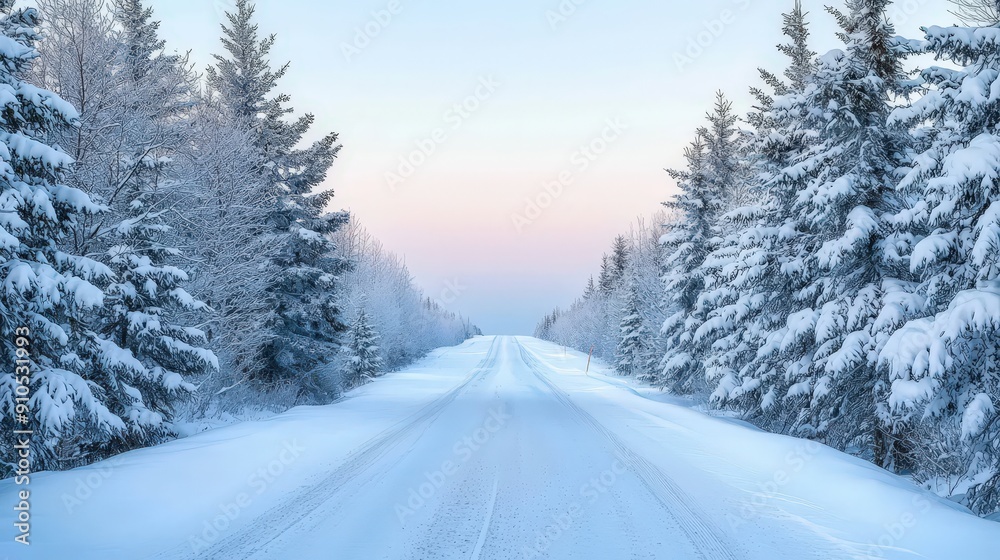 A serene snow-covered road stretches into the distance, flanked by frosty evergreen trees under a soft dawn sky A serene snow-covered road stretches into the distance, flanked by frosty evergreen trees under a soft dawn sky