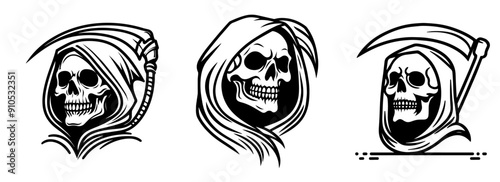 set of grim reaper skull portraits in black and white vector