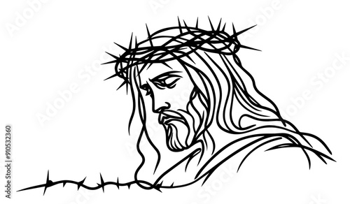 line art portrait of jesus christ with thorns black and white vector