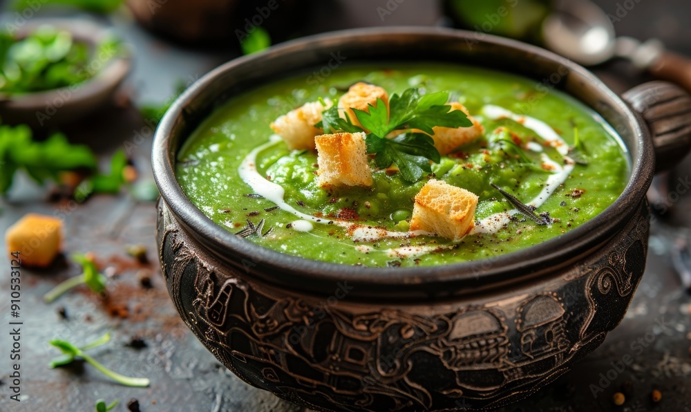 Green vegetable soup with croutons and fresh herbs in rustic bowl Green vegetable soup with croutons and fresh herbs in rustic bowl