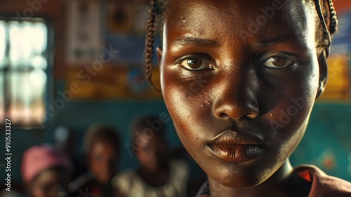 Close-up portrait of a young Kenyan female teacher in a classroom.