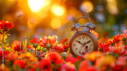 Alarm Clock in Flower Field - Realistic Image