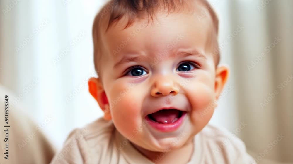 This Baby with big blue eyes smiles joyfully in a cozy indoor setting. This Baby with big blue eyes smiles joyfully in a cozy indoor setting.