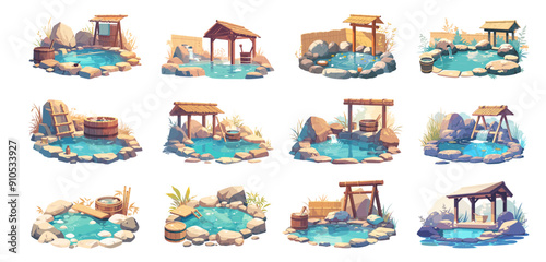 Cartoon onsen set. Japanese outdoor traditional hot springs pool, thermal spa resort pond vector illustration