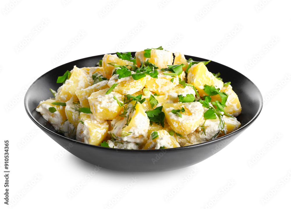 Bowl of tasty Potato Salad with greens on white background Bowl of tasty Potato Salad with greens on white background