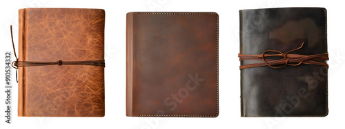 Set of brown leather book covers with ropes, isolated on transparent background