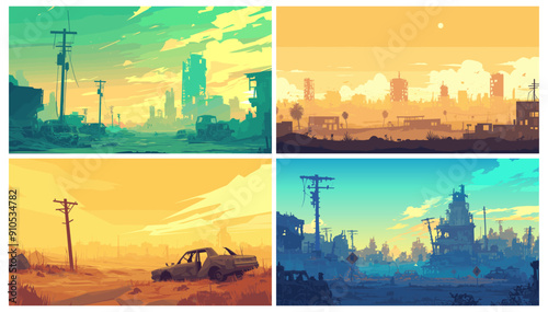 Cartoon post apocalyptic set. Wasteland landscape, crumbling city building ruins, destroyed cars vector illustration