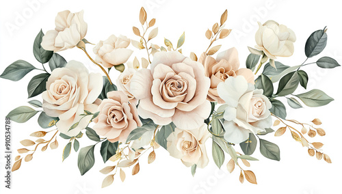 Fototapeta Naklejka Na Ścianę i Meble -  Watercolor rose floral bouquet arrangement, soft blush pink, cream...