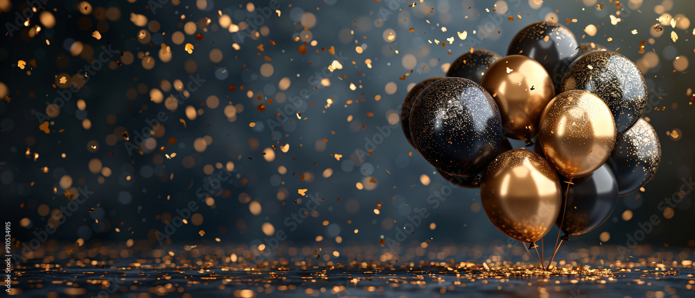 Fototapeta premium Black and Gold Balloons with Confetti Celebration Background