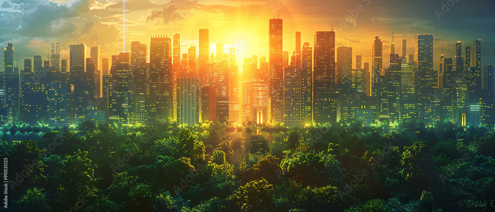 Stunning Cityscape with Sunlight Breaking Through the Skyline Stunning Cityscape with Sunlight Breaking Through the Skyline