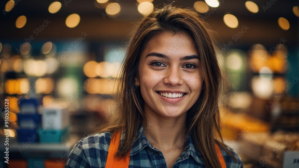 Obraz premium Young Woman Smiling While Working in a Local Market During Daytime Hours