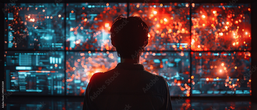 Silhouette of a Person Looking at a Wall of Screens Showing Data and Information, Silhouette of a Person Looking at a Wall of Screens Showing Data