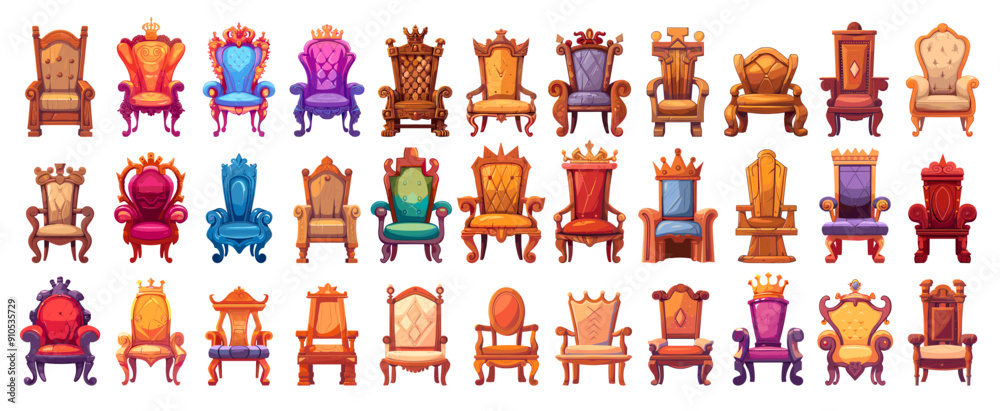 Obraz premium Cartoon royal throne set. Wooden and soft king queen princess seat, emperor gold armchair, rich antique chair vector illustration