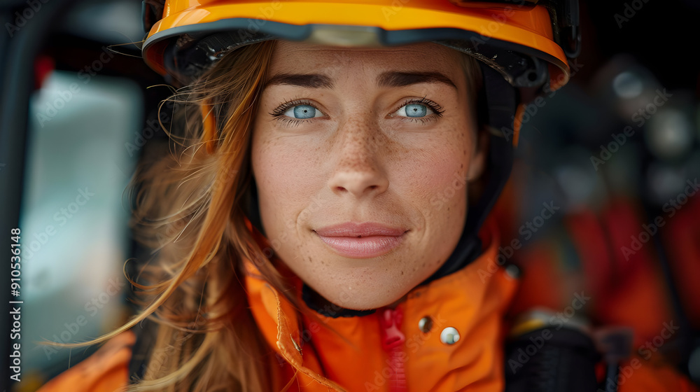 Closeup Portrait of a Woman Wearing an Orange Helmet and Jacket - Photo Closeup Portrait of a Woman Wearing an Orange Helmet and Jacket - Photo