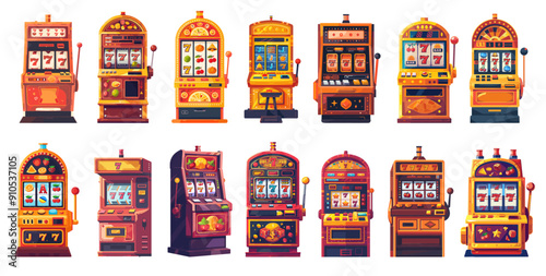 Cartoon slot machine set. Gambling vegas casino game, jackpot prize luck machine vector illustration