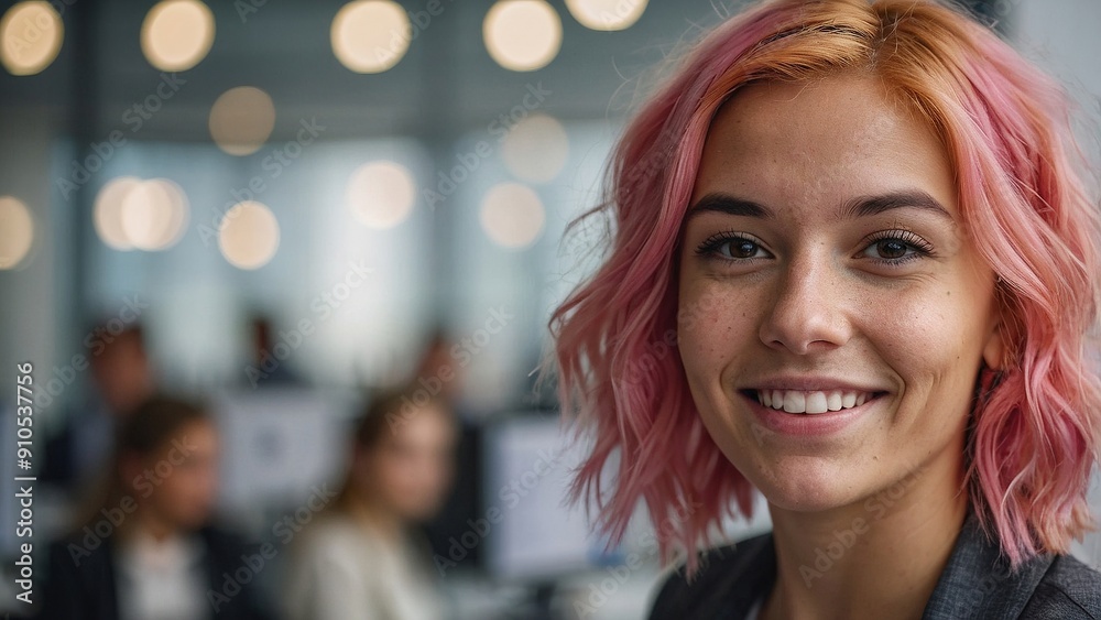 Young Woman With Pink Hair Smiling in Modern Office Environment During Daytime Young Woman With Pink Hair Smiling in Modern Office Environment During Daytime